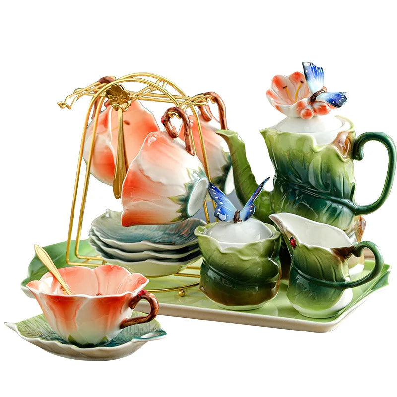 Ceramic Tea Set Teapot Teacup Artificial Flower Shape Cup and Saucer Set Coffee Mug Afternoon Tea Accessories Porcelain