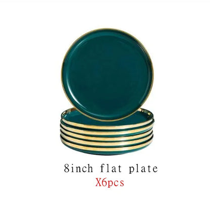 Green With Gold Inlay Quality Plates Full Set Luxury Steak Food Tray Ceramic Dinner Dish Salad Bowl Spoon Porcelain Dinnerware