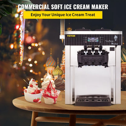 VEVOR Soft Ice Cream Machines 18-28L/H Commercial Sorbet Coolers Tricolor Desktop Sweet Cone Freezing Equipment Vending Machine