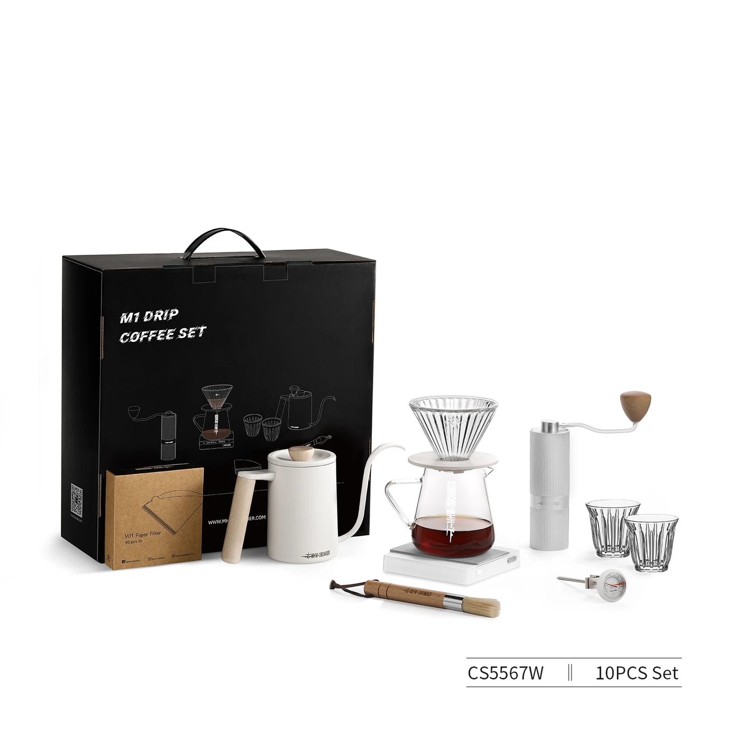 MHW-3BOMBER Deluxe Hand Brewed Coffee Set of 1 Pieces Kitchen Espresso Scale Coffee Grinder and Filter Cups Pour Over Kettle