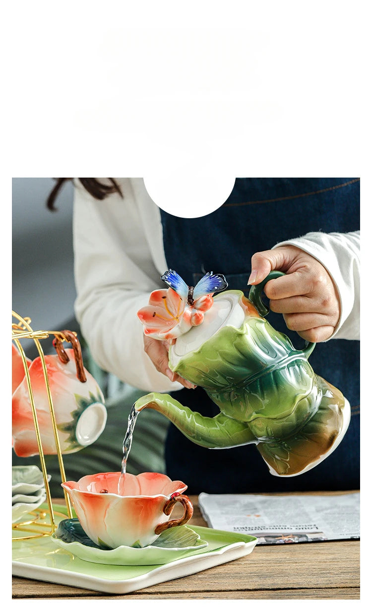 Ceramic Tea Set Teapot Teacup Artificial Flower Shape Cup and Saucer Set Coffee Mug Afternoon Tea Accessories Porcelain