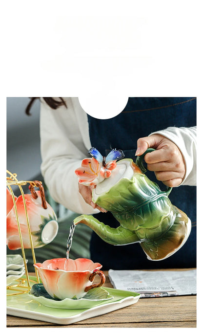 Ceramic Tea Set Teapot Teacup Artificial Flower Shape Cup and Saucer Set Coffee Mug Afternoon Tea Accessories Porcelain