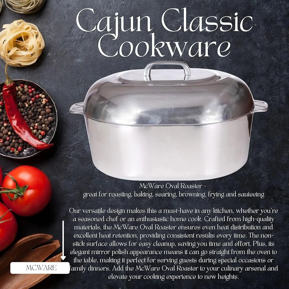 Aluminum Roaster Pan with Lid 15 Inch Heavy Duty Cookware Easy to Clean Oval Pot Roasting Steaming Searing and Sautéing