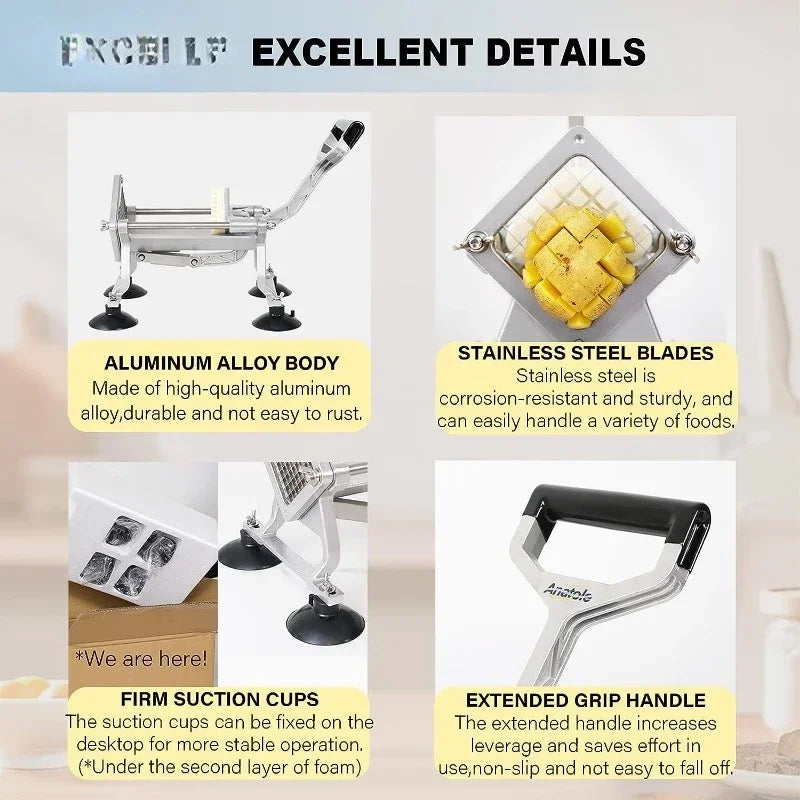 Commercial French Fry Cutter with 1/2'' 3/8'' 1/4'' 8-Wedge Stainless Steel BladesPotato Cutter Dicer Manual Vegetable Chopper