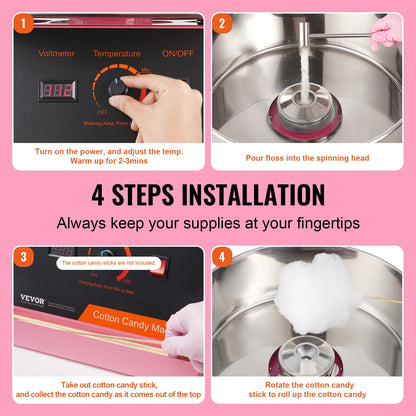 SucceBuy Electric Cotton Candy Machine 1000W Candy Floss Maker Commercial Cotton Candy Machine Stainless Steel Bowl Sugar Scoop