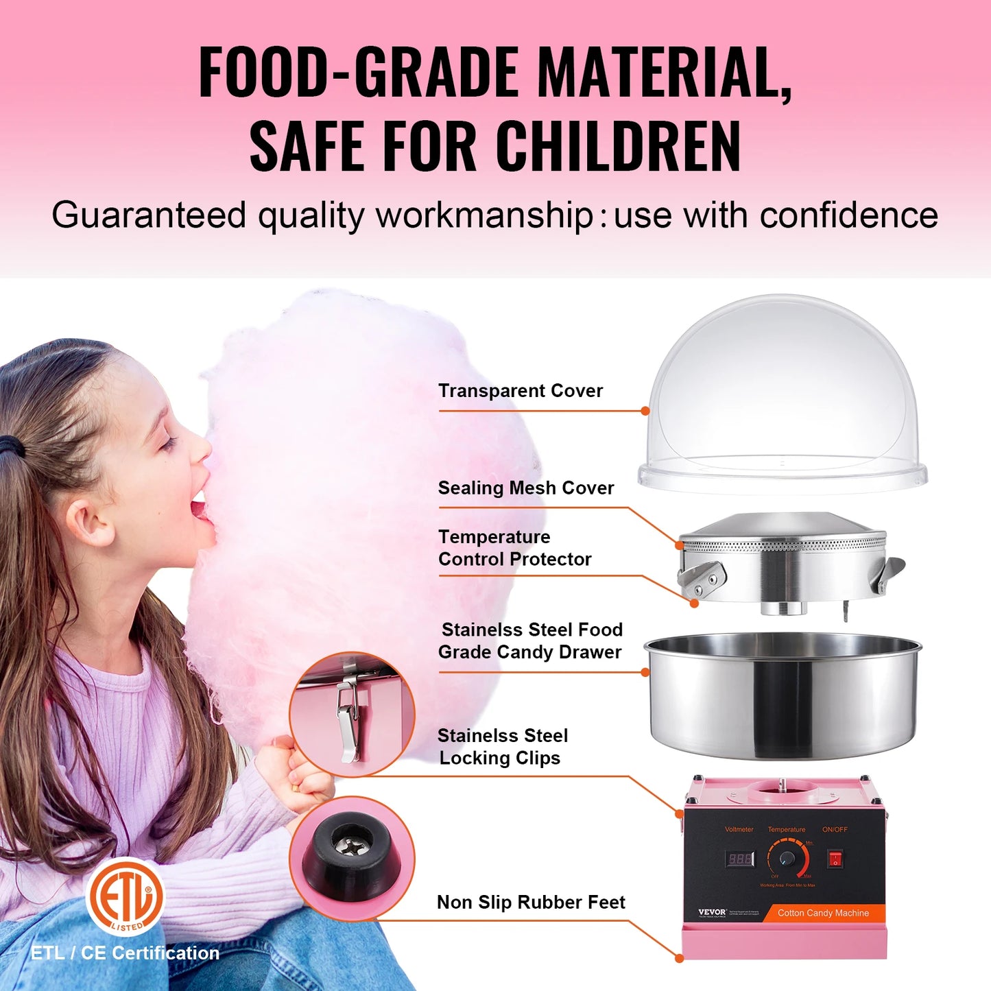 SucceBuy Electric Cotton Candy Machine 1000W Candy Floss Maker Commercial Cotton Candy Machine Stainless Steel Bowl Sugar Scoop