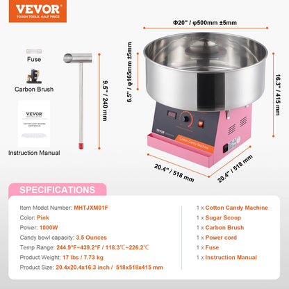 SucceBuy Electric Cotton Candy Machine 1000W Candy Floss Maker Commercial Cotton Candy Machine Stainless Steel Bowl Sugar Scoop