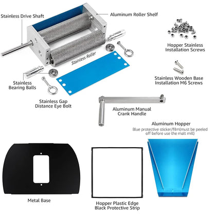 7.7LB Manual Malt Mill 2 Roller Stainless Steel Grain Crusher With Metal Base for Wheat Corn,Compatible with Electric Drill