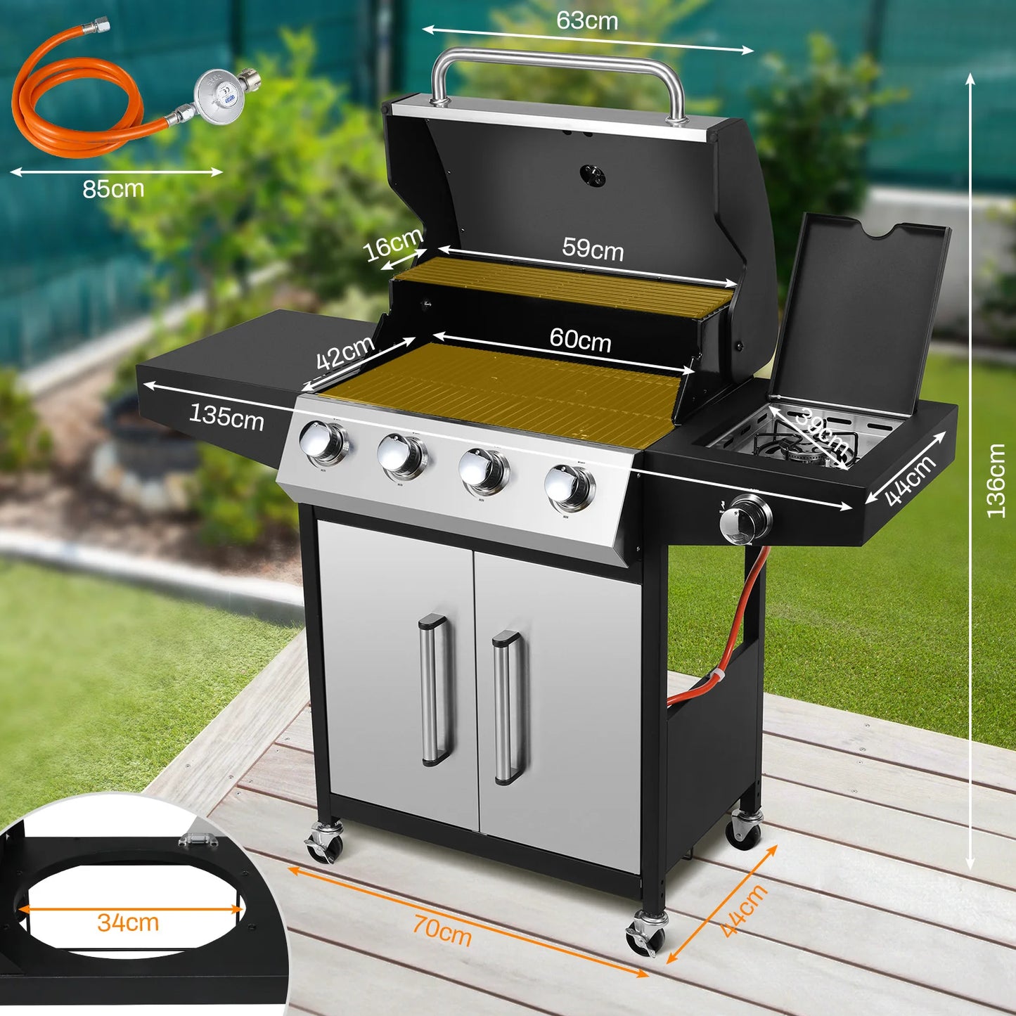 4+1 Burner Gas Grill with Side Burner 52,000 BTUs, Big Cooking Area, Propane BBQ Grill with Stainless Steel Panel for Outdoor