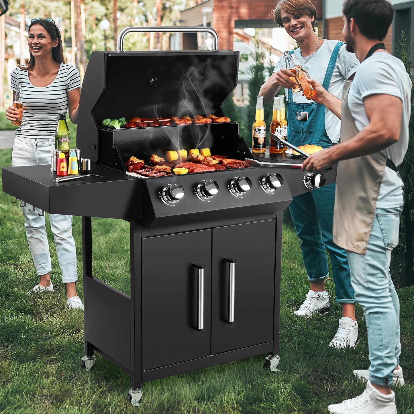 4+1 Burner Gas Grill with Side Burner 52,000 BTUs, Big Cooking Area, Propane BBQ Grill with Stainless Steel Panel for Outdoor