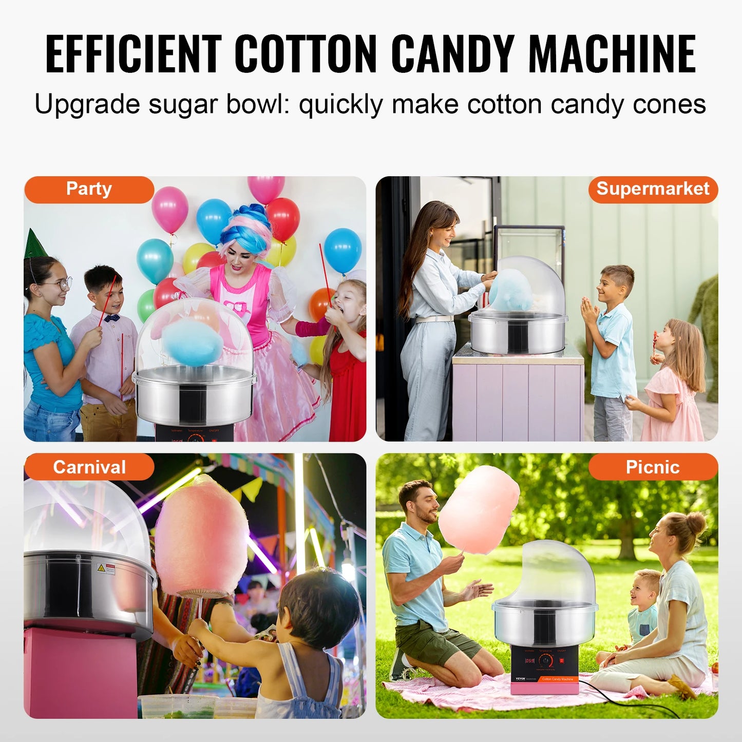 SucceBuy Electric Cotton Candy Machine 1000W Candy Floss Maker Commercial Cotton Candy Machine Stainless Steel Bowl Sugar Scoop