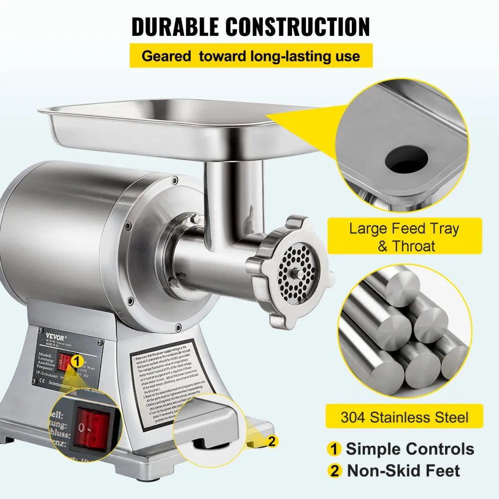 VEVOR Commercial Meat Grinder 550LB/h Electric Sausage Maker Stainless Steel with 2 Blades, Grinding Plates & Stuffing Tubes