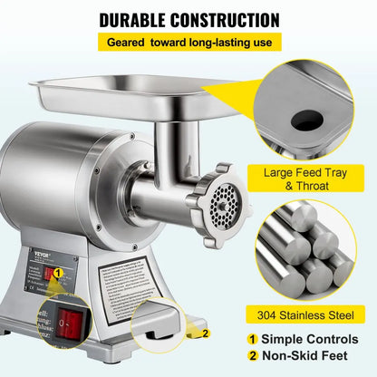 VEVOR Commercial Meat Grinder 550LB/h Electric Sausage Maker Stainless Steel with 2 Blades, Grinding Plates & Stuffing Tubes