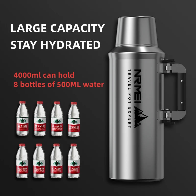 Stainless Steel Thermos Bottle, Vacuum Flask, Large Capacity, Outdoor Portable Thermal Jug, Insulated Water Bottle, 3.0L, 4.0L