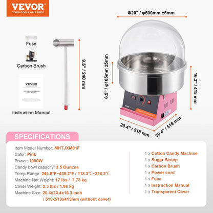 SucceBuy Electric Cotton Candy Machine 1000W Candy Floss Maker Commercial Cotton Candy Machine Stainless Steel Bowl Sugar Scoop