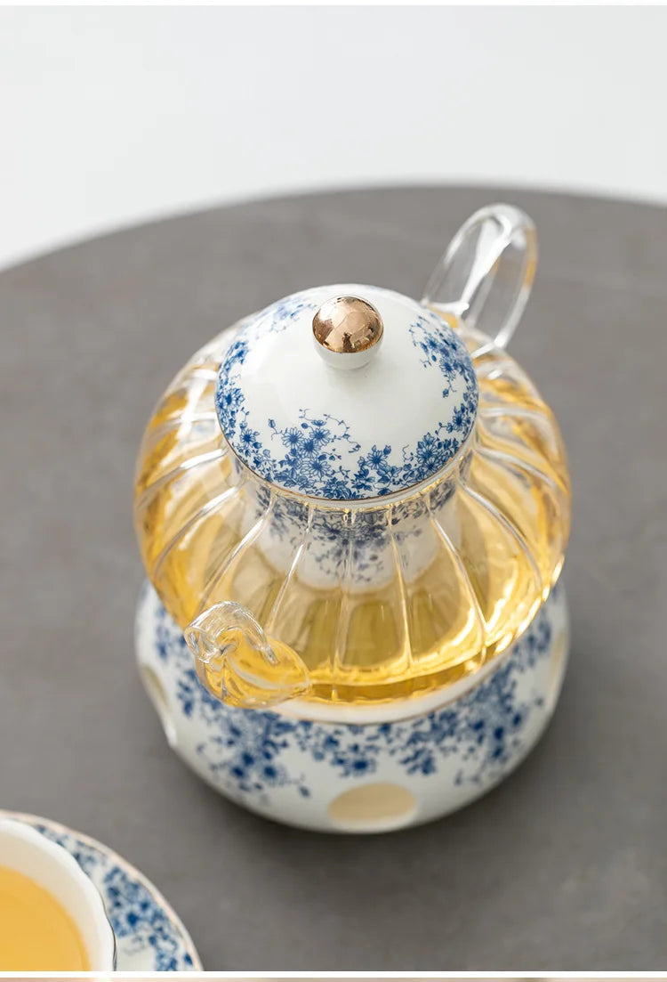 Ceramic tea set Garden style English style afternoon tea retro flower tea teapot can be heated blue and white cup saucer pot set