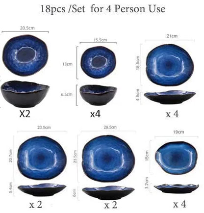 KINGLANG 1/2/4 Person Tableware Set Blue Color Ceramics Irregular Shape Dinner Set Dishes Plate
