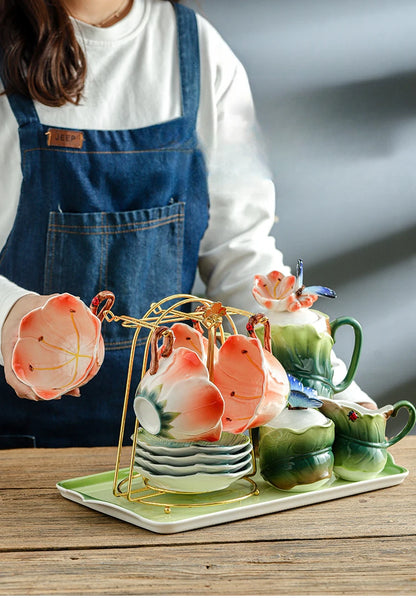 Ceramic Tea Set Teapot Teacup Artificial Flower Shape Cup and Saucer Set Coffee Mug Afternoon Tea Accessories Porcelain