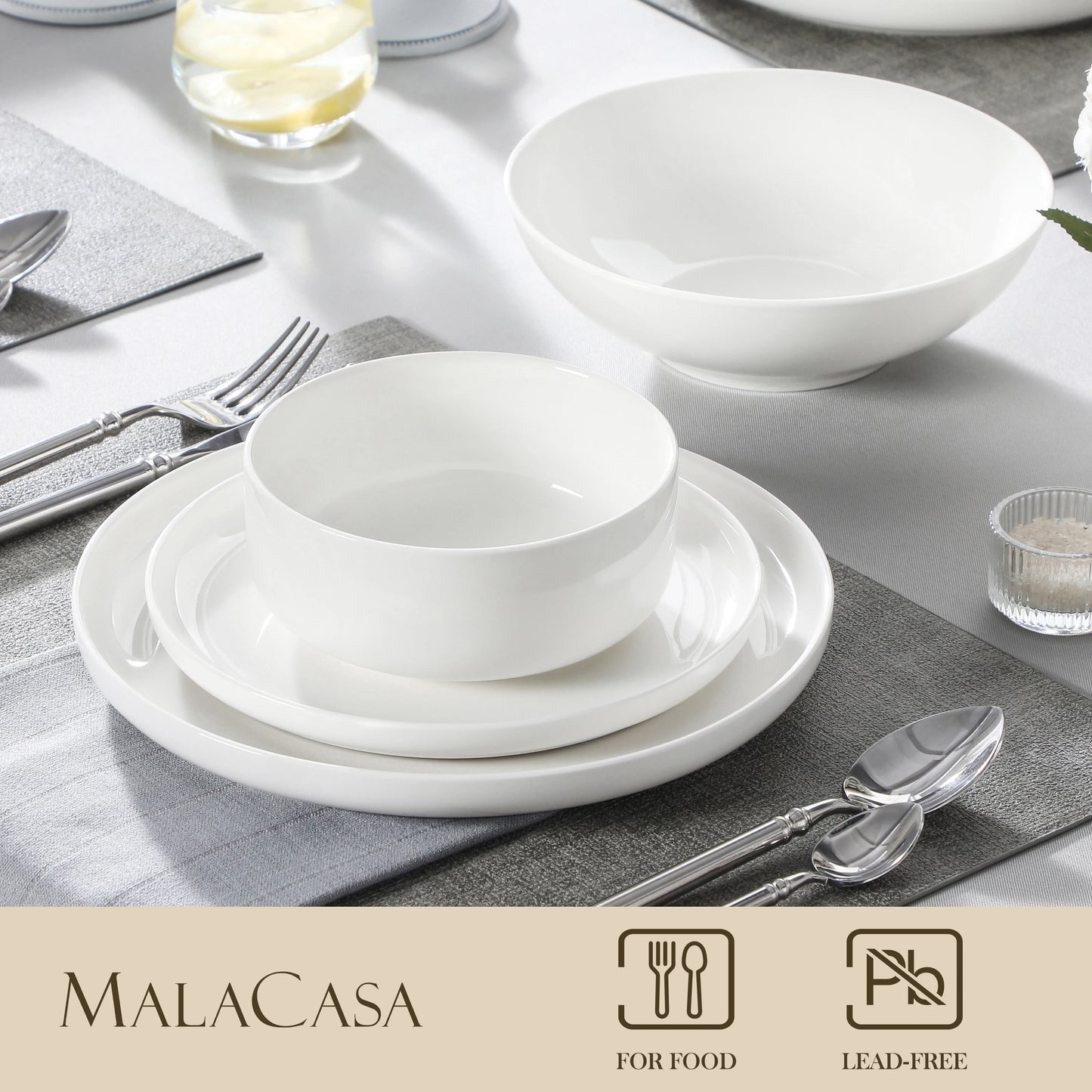 MALACASA 24 Piece Ceramic Plates White Dinnerware Set with 6 Pcs Dinner/Dessert Plates/Soup/Bowl Tableware Set Service for 6