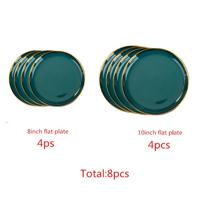 Gilt Rim Green Ceramic Plate Steak Food Plates Bowls Ins Dinner Dish Luxurious Porcelain Dinnerware Set For Family Hotel