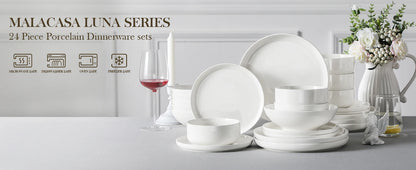 MALACASA 24 Piece Ceramic Plates White Dinnerware Set with 6 Pcs Dinner/Dessert Plates/Soup/Bowl Tableware Set Service for 6