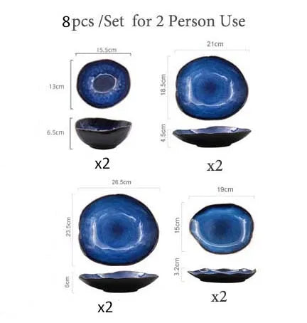 KINGLANG 1/2/4 Person Tableware Set Blue Color Ceramics Irregular Shape Dinner Set Dishes Plate