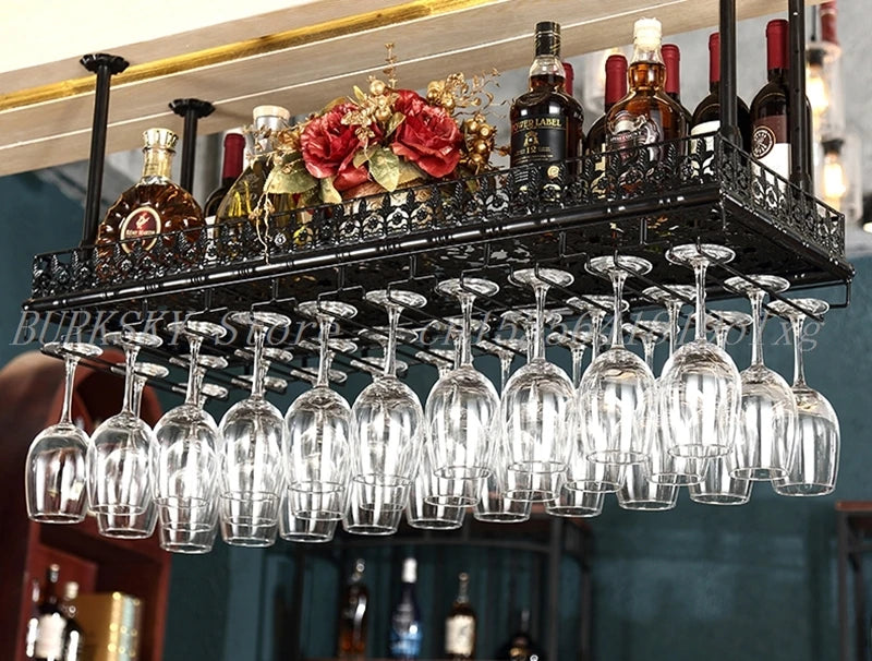 Metal Wine Glass Rack Upside Down Ceiling Hanging Goblet Glass Cup Holder Hanger Storage Home Bar Pub Wine Shelf Rack Organizer