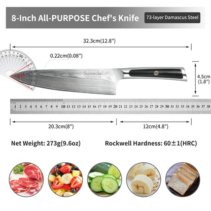 Sunnecko 1-8PCS/Set Chef's Knives 73 Layers VG10 Damascus Steel Japanese Slicing Knife Utility Paring Cleaver Cutting Knife