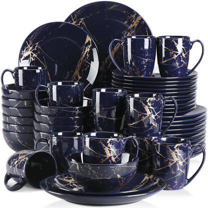 LOVECASA Dark Blue 16/32/48 Piece Procelain Tableware Set Design By Gold Splash with Dinner Plate,Cake plate,Bowls,Coffee Cups